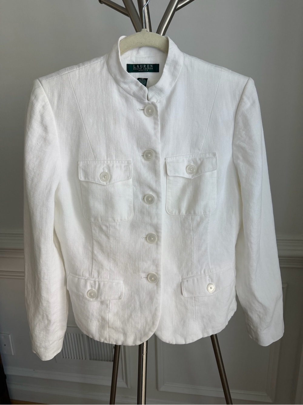Lauren Ralph Lauren White 100% Linen Button Cropped Blazer Lined Size 8P